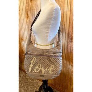 Lug Canopy Crossbody Bag Love Embroidered Olive Green Quilted Nylon